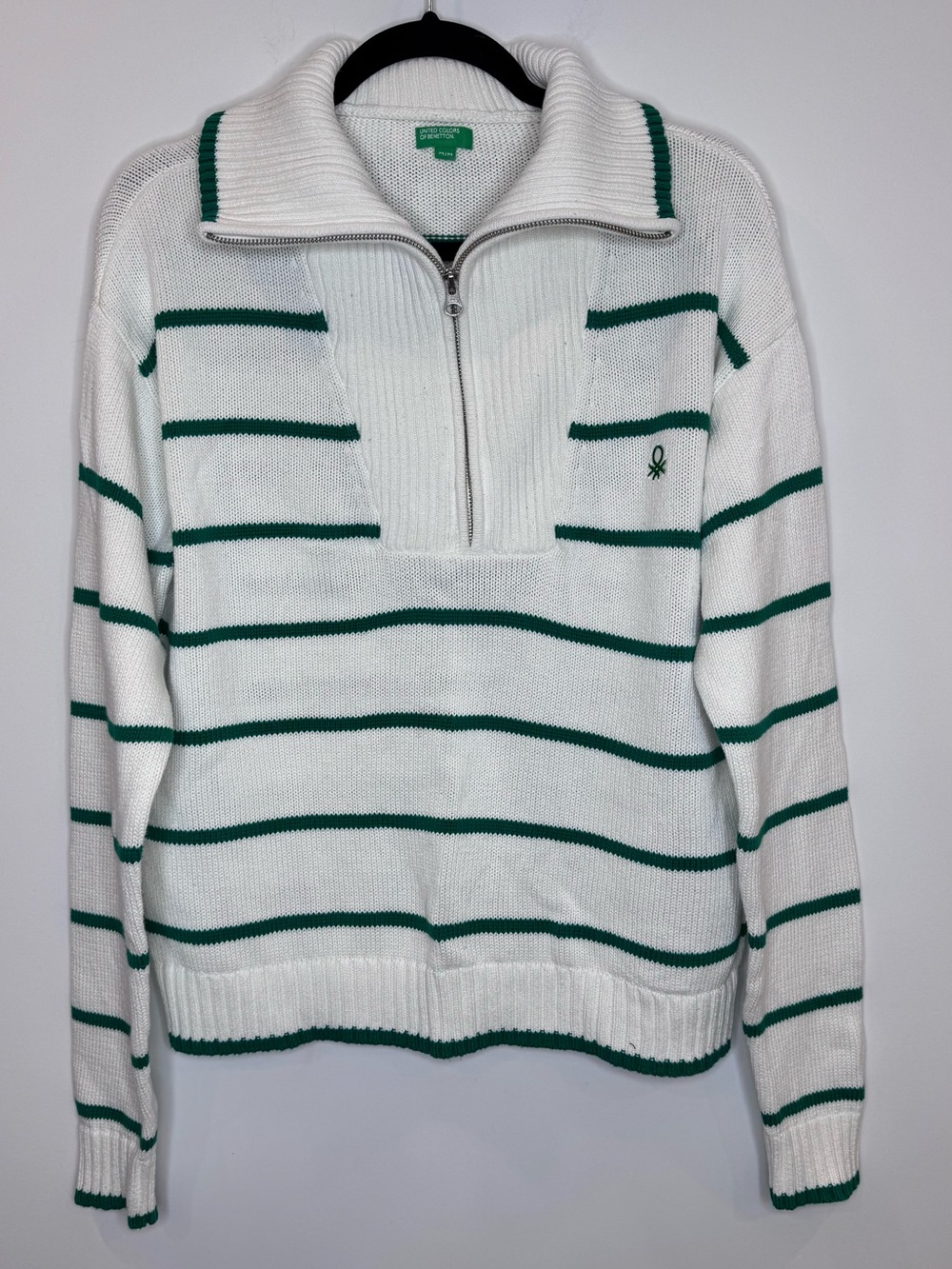 United Colors Of Benetton White Sweater Green Stripes Half-Zip polo preppy M